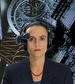 Hermann Stamm: "Ingenieurin", aus der Reihe „Die Vision von der eingeholten Zukunft“ (1998-2002) Frau mit headset und Kamera am Kopf